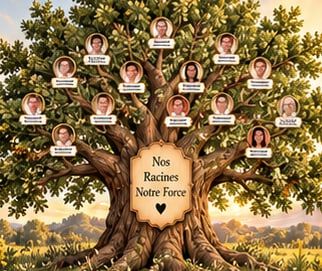 Illustration d’inspiration : un grand chêne dont les branches portent des portraits en médaillon.