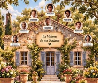 Illustration d’inspiration : un arbre aux portraits en médaillon au-dessus d’une maison de famille en pierre.