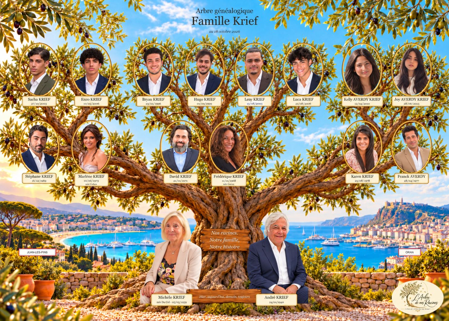 Arbre généalogique personnalisé : un olivier dont les branches portent, en médaillons, les portraits de trois générations avec leurs prénoms et dates, devant un paysage de bord de mer méditerranéen.